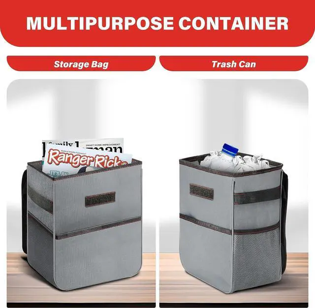 Alt view image 7 of 7 - Simple Deluxe Car Trash Can with Lid and Storage Pockets, Multipurpose Garbage Bin with Adjustable Straps, Collapsible and Portable Organizer, 2 Gallon, Grey