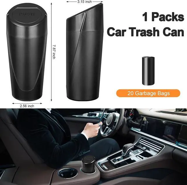 Alt view image 6 of 7 - Car Trash Can, Leakproof Mini Car Garbage Can Cup Holder with Lid | Car Door Trash Bin with 20 Trash Bags, Vehicle Front Back Seat Organizers and Storage for Car, Home, Office, Black