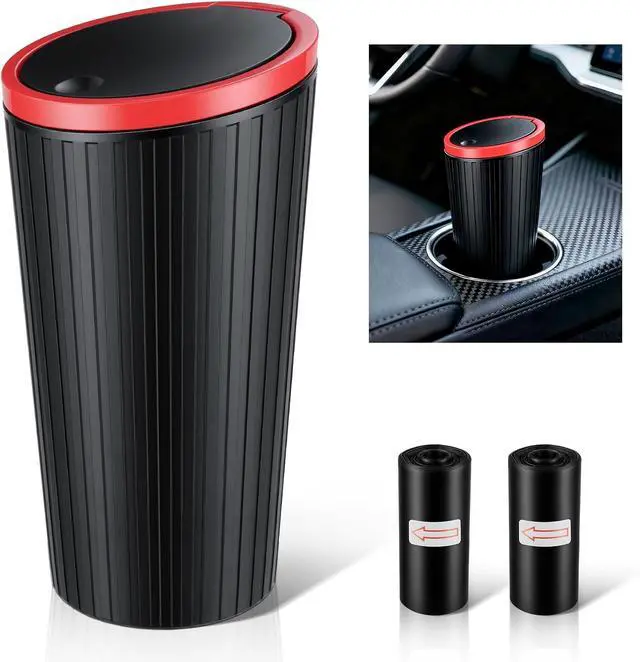 Main image of SINGARO Car Trash Can with Lid, Leakproof Mini Garbage Bin for Car Cup Holder, Small Trash Can for Vehicle, Home & Office - Includes 30 Bags, Easy Clean (Black-Red)