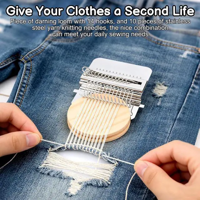 Alt view image 6 of 7 - PatchMaker 2.0 Kit, Mini Portable Darning Loom for Beginners, Knitpatch Kit for Holes Repair on Socks, Clothes & Jeans, Sewing Repair Weaving Tool Set, Craft Supplies (14 Hooks)
