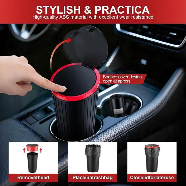 Alt view image 3 of 7 - SINGARO Car Trash Can with Lid, Leakproof Mini Garbage Bin for Car Cup Holder, Small Trash Can for Vehicle, Home & Office - Includes 30 Bags, Easy Clean (Black-Red)