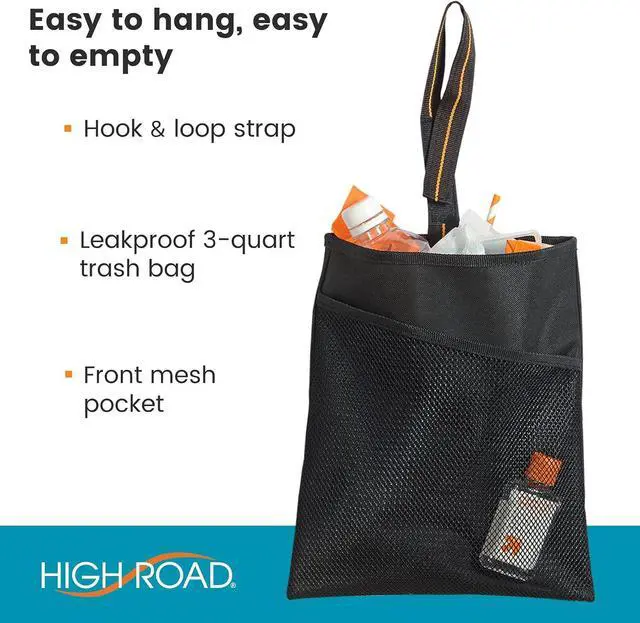 Alt view image 3 of 6 - High Road Small Car Trash Bag with Waterproof Liner and Storage Pocket | Hanging Car Garbage Bag Holds Wet and Dry Car Trash Without Taking Up Floor or Legroom Space