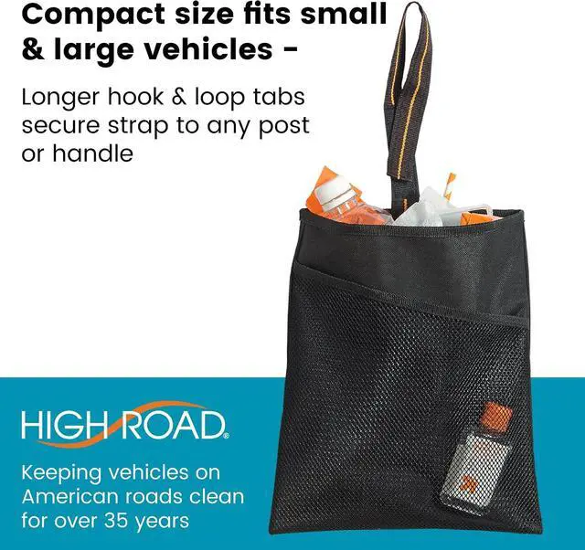 Alt view image 4 of 6 - High Road Small Car Trash Bag with Waterproof Liner and Storage Pocket | Hanging Car Garbage Bag Holds Wet and Dry Car Trash Without Taking Up Floor or Legroom Space