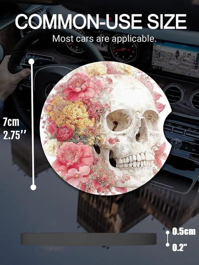 Alt view image 2 of 6 - WOCOCN Cute Cup Holder Coasters for Your Car with Fingertip Grip | Auto Accessories for Women & Men,Pack of 2, Flower Skull