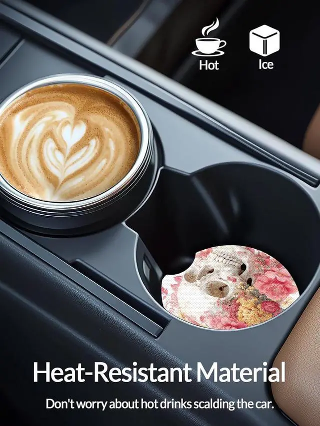 Alt view image 3 of 6 - WOCOCN Cute Cup Holder Coasters for Your Car with Fingertip Grip | Auto Accessories for Women & Men,Pack of 2, Flower Skull