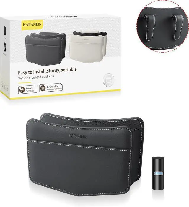 Alt view image 3 of 4 - Car Trash Can Small Leather Vehicle Trash Bin Car Dustbin Garbage Organizer Holder with Trash Bag Foldable Mini Cars Storage Bag Container for Auto SUV Van Trucks (Black,Clip on)