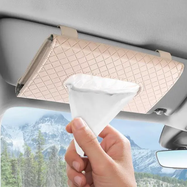 Main image of wuyaoyao Car Tissue Holder, Leather Sun Visor Napkin Case, Plaid-Beige | Hook-and-Loop Design, Car Tissue Dispenser, Clip-on Mask Holder for Sunvisor, Easy to Use, Fits SUVs, Sedans, Trucks