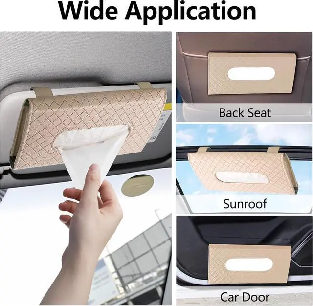 Alt view image 3 of 6 - wuyaoyao Car Tissue Holder, Leather Sun Visor Napkin Case, Plaid-Beige | Hook-and-Loop Design, Car Tissue Dispenser, Clip-on Mask Holder for Sunvisor, Easy to Use, Fits SUVs, Sedans, Trucks