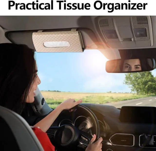 Alt view image 6 of 6 - wuyaoyao Car Tissue Holder, Leather Sun Visor Napkin Case, Plaid-Beige | Hook-and-Loop Design, Car Tissue Dispenser, Clip-on Mask Holder for Sunvisor, Easy to Use, Fits SUVs, Sedans, Trucks