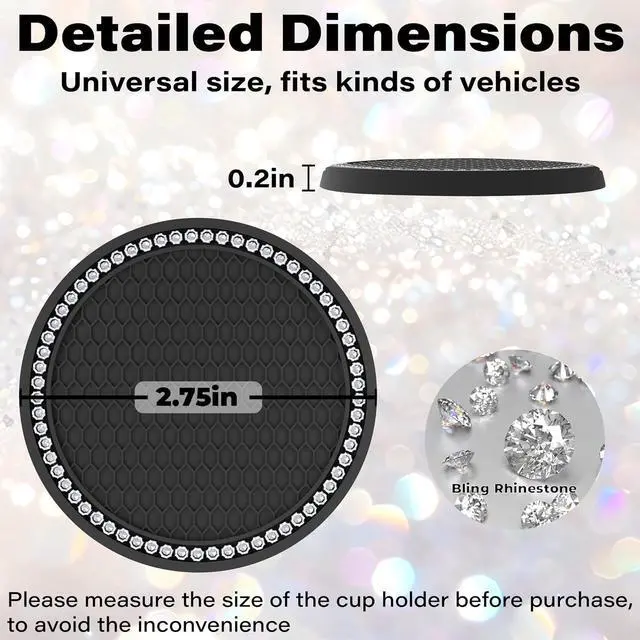 Alt view image 2 of 7 - BFXM 2 PCS Bling Cup Holder Coasters for Car 2.75 inch (White Diamond) | Car Accessories for Women Diamond Universal Non-Slip Silicone Cup Holder Coasters, Sparkly Bling