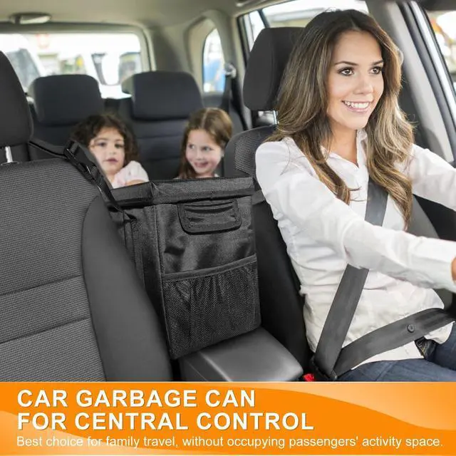 Alt view image 2 of 7 - Hanging Car Trash Bag with Lid, 1.7 Gallon Leak Proof Garbage Bin | Collapsible Garbage Organizer with Side Pockets, Multipurpose Storage Bin for Car Center Console & Vehicle Interior Use