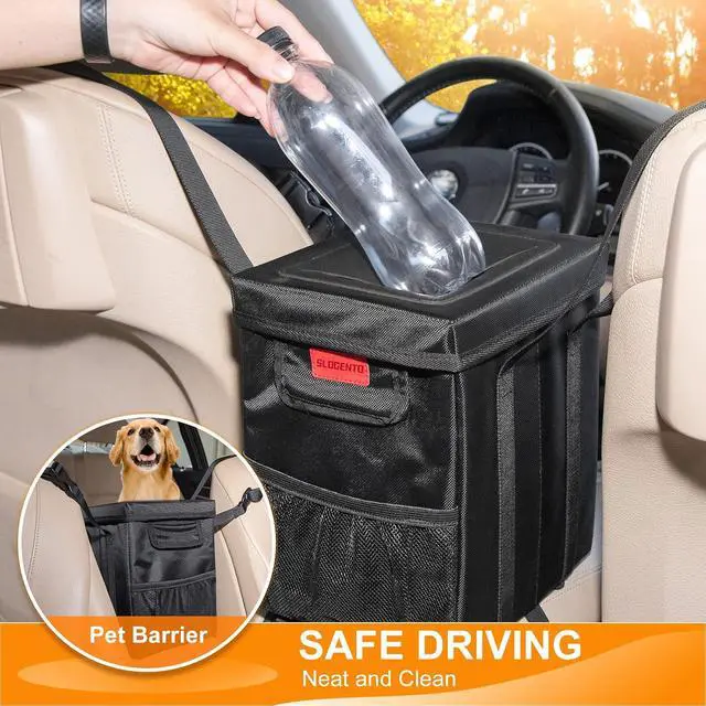 Alt view image 3 of 7 - Hanging Car Trash Bag with Lid, 1.7 Gallon Leak Proof Garbage Bin | Collapsible Garbage Organizer with Side Pockets, Multipurpose Storage Bin for Car Center Console & Vehicle Interior Use