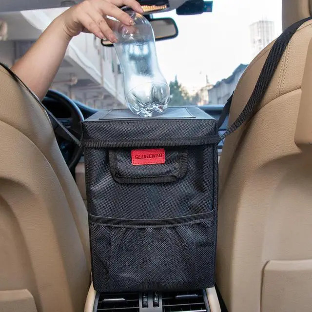 Alt view image 5 of 7 - Hanging Car Trash Bag with Lid, 1.7 Gallon Leak Proof Garbage Bin | Collapsible Garbage Organizer with Side Pockets, Multipurpose Storage Bin for Car Center Console & Vehicle Interior Use