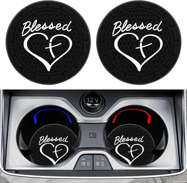 Main image of 2PCS Car Cup Holder Coaster, Cup Holder Insert, 2.75 Inch Anti Slip Shockproof Embedded Drink Mat, Blessed Cross and Heart Christian Auto Drink Cup Mat Car Accessories Fit Cars (Black)
