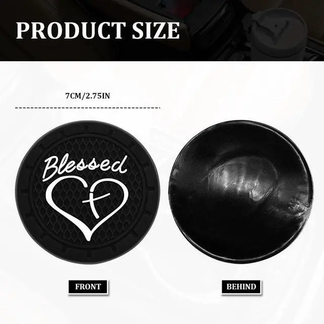 Alt view image 2 of 7 - 2PCS Car Cup Holder Coaster, Cup Holder Insert, 2.75 Inch Anti Slip Shockproof Embedded Drink Mat, Blessed Cross and Heart Christian Auto Drink Cup Mat Car Accessories Fit Cars (Black)