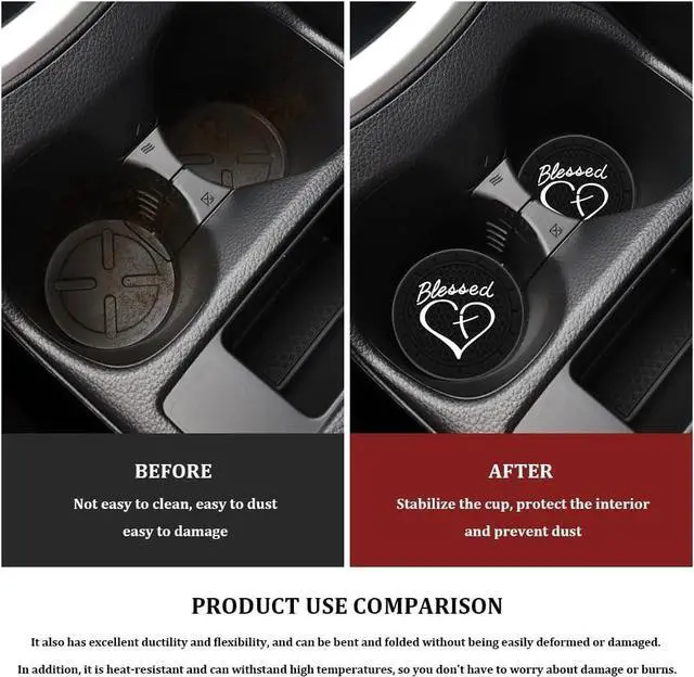 Alt view image 5 of 7 - 2PCS Car Cup Holder Coaster, Cup Holder Insert, 2.75 Inch Anti Slip Shockproof Embedded Drink Mat, Blessed Cross and Heart Christian Auto Drink Cup Mat Car Accessories Fit Cars (Black)