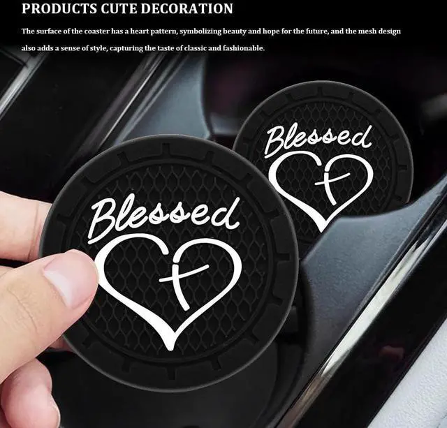 Alt view image 4 of 7 - 2PCS Car Cup Holder Coaster, Cup Holder Insert, 2.75 Inch Anti Slip Shockproof Embedded Drink Mat, Blessed Cross and Heart Christian Auto Drink Cup Mat Car Accessories Fit Cars (Black)