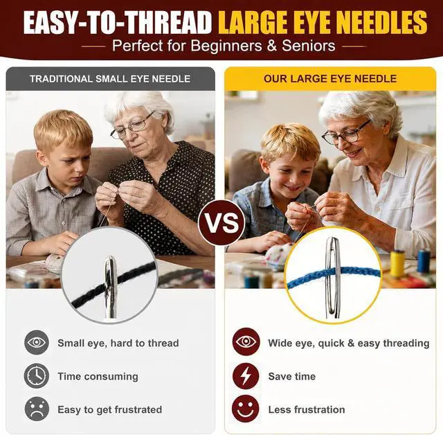 Alt view image 2 of 7 - 42 Pcs Large Eye Hand Sewing Needles, 6 Sizes Easy Threading Sharp Stainless Steel Sewing Needles Kit with Threader, Thimble, Seam Ripper & Metal Case for Mending, Embroidery, Leather & Crafts