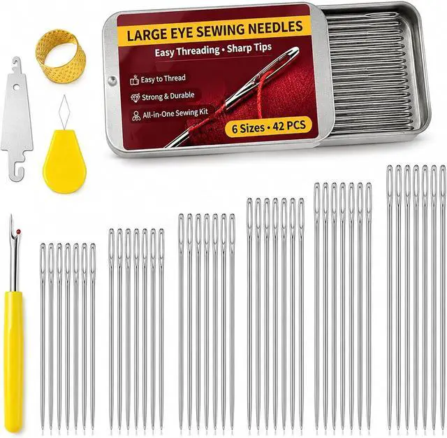Main image of 42 Pcs Large Eye Hand Sewing Needles, 6 Sizes Easy Threading Sharp Stainless Steel Sewing Needles Kit with Threader, Thimble, Seam Ripper & Metal Case for Mending, Embroidery, Leather & Crafts