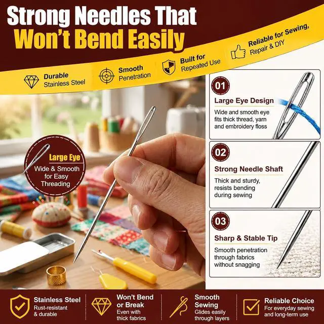 Alt view image 4 of 7 - 42 Pcs Large Eye Hand Sewing Needles, 6 Sizes Easy Threading Sharp Stainless Steel Sewing Needles Kit with Threader, Thimble, Seam Ripper & Metal Case for Mending, Embroidery, Leather & Crafts