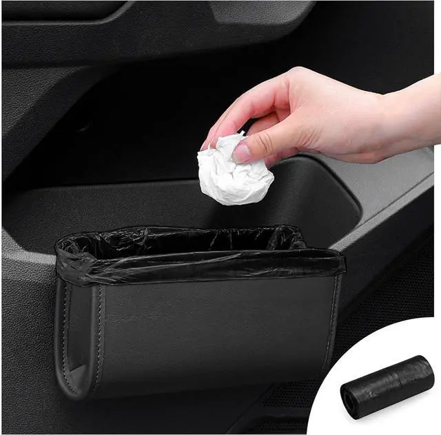 Main image of Car Trash Can, Leather Car Trash Bin Door Organizer with a Roll of Garbage Bag, Foldable Hanging Mini Cars Storage Must Have Essentials Interior Accessories(Black)