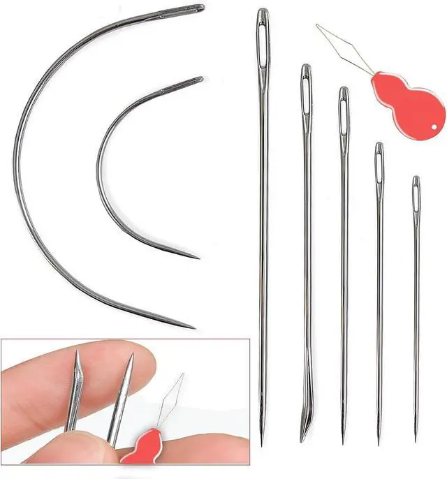 Main image of Pikdmin 7+1 Pcs Heavy Duty Hand Sewing Needles Kit, 5 Leather Hand Sewing Needle 2 Curved Needle and 1 pcs Needle threaders for Home Upholstery,Leather Needles for Hand Sewing,Carpet Canvas Repair