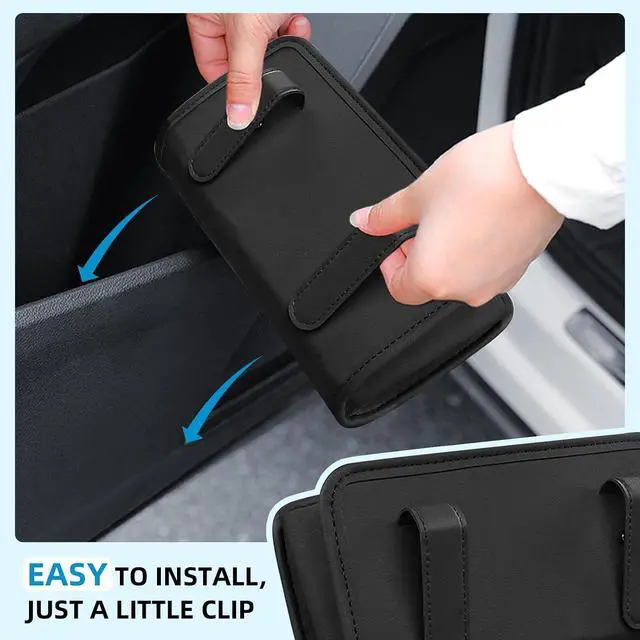Alt view image 3 of 7 - Car Trash Can, Leather Car Trash Bin Door Organizer with a Roll of Garbage Bag, Foldable Hanging Mini Cars Storage Must Have Essentials Interior Accessories(Black)