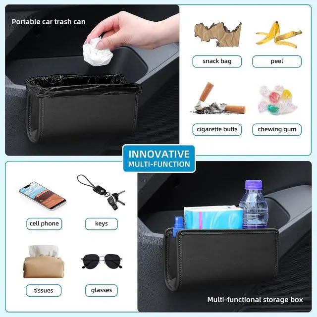 Alt view image 5 of 7 - Car Trash Can, Leather Car Trash Bin Door Organizer with a Roll of Garbage Bag, Foldable Hanging Mini Cars Storage Must Have Essentials Interior Accessories(Black)