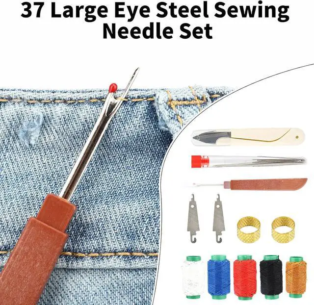 Alt view image 7 of 7 - Sinbana 37pcs Big Eye Steel Needle Set, Portable Hand Sewing Needles with Small Scissors 5 Thread 2 Needle Threader 2 Thimble & Thread Ripper Tools for Beginners & Craft Lovers