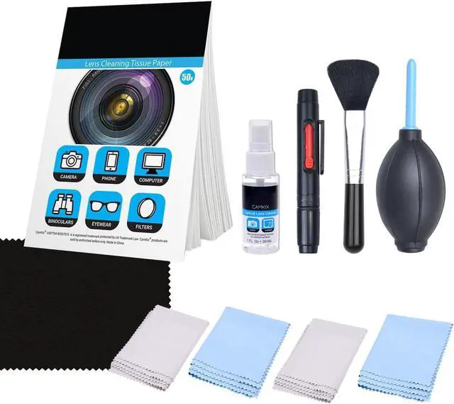 Main image of Camkix Camera Lens Cleaning Kit - Air Blower, 2in1 Lens Cleaning Pen, Cleaning Brush, Spray Bottle w/Cleaning Solution, Lens Cleaning Paper Tissue (50 Sheets), Microfiber Cleaning Cloths- for Lenses