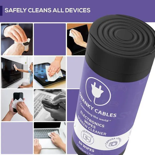Alt view image 3 of 7 - Swanky Cables Screen Cleaner Wipes: Electronic Wipes for Screens - Computer Screen Wipes for Lens, Phone, Tv Screen and Monitor Cleaning - Tech Wipes & Microfiber Cloth (Canister, 50 Count)