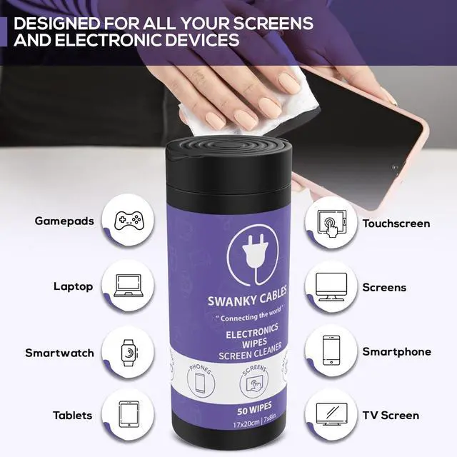 Alt view image 2 of 7 - Swanky Cables Screen Cleaner Wipes: Electronic Wipes for Screens - Computer Screen Wipes for Lens, Phone, Tv Screen and Monitor Cleaning - Tech Wipes & Microfiber Cloth (Canister, 50 Count)