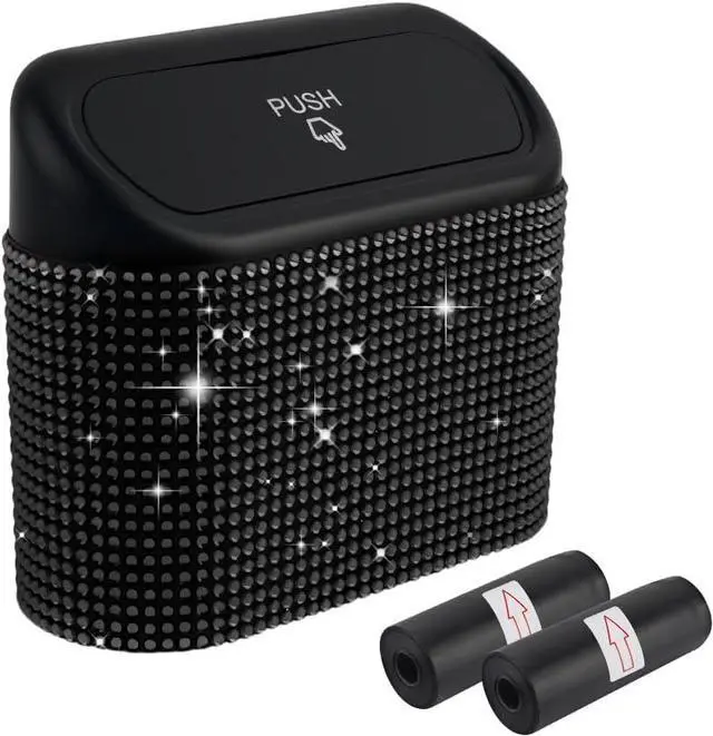 Main image of Car Trash Can with Lid & Rhinestones Design,Push-on Car Trash Bin for Storing Trashes Items & Cars Decor Includes 30PCS Trashes Bag,Shiny Cars Garbage Can with Back Clip for Side Door (Black Diamond)
