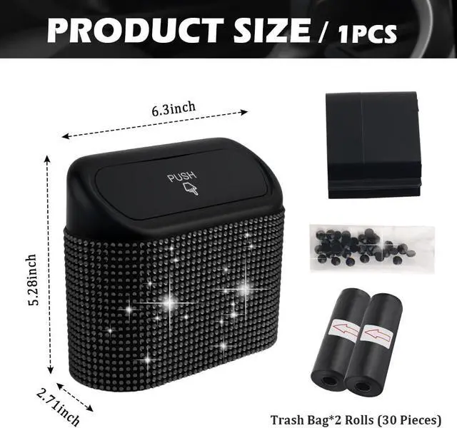 Alt view image 2 of 7 - Car Trash Can with Lid & Rhinestones Design,Push-on Car Trash Bin for Storing Trashes Items & Cars Decor Includes 30PCS Trashes Bag,Shiny Cars Garbage Can with Back Clip for Side Door (Black Diamond)