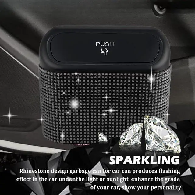 Alt view image 3 of 7 - Car Trash Can with Lid & Rhinestones Design,Push-on Car Trash Bin for Storing Trashes Items & Cars Decor Includes 30PCS Trashes Bag,Shiny Cars Garbage Can with Back Clip for Side Door (Black Diamond)