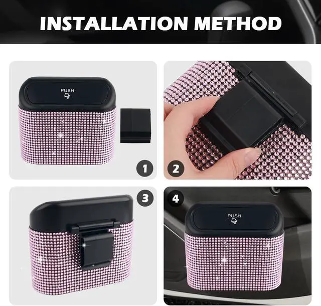 Alt view image 5 of 7 - Car Trash Can with Lid & Rhinestones Design,Push-on Car Trash Bin for Storing Trashes Items & Cars Decor Includes 30PCS Trashes Bag,Shiny Cars Garbage Can with Back Clip for Side Door (Black Diamond)