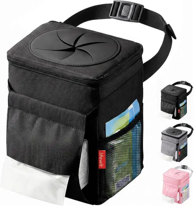 Main image of Lifewit Car Trash Can with Lid, Garbage Bag Hanging, Trash Bin, 2 Gallon | Leakproof, Waterproof, Tissue Holder, Adjustable Straps, Magnetic Snaps, Automotive Interior Accessories, Black