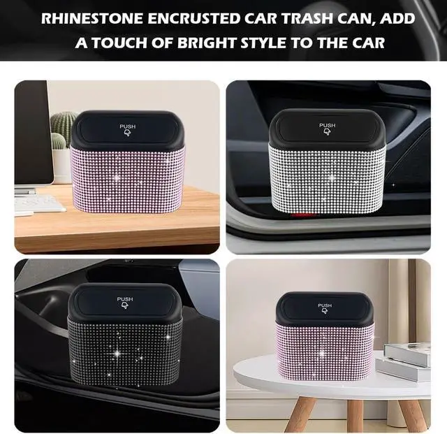Alt view image 6 of 7 - Car Trash Can with Lid & Rhinestones Design,Push-on Car Trash Bin for Storing Trashes Items & Cars Decor Includes 30PCS Trashes Bag,Shiny Cars Garbage Can with Back Clip for Side Door (Black Diamond)