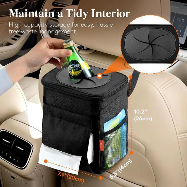 Alt view image 2 of 7 - Lifewit Car Trash Can with Lid, Garbage Bag Hanging, Trash Bin, 2 Gallon | Leakproof, Waterproof, Tissue Holder, Adjustable Straps, Magnetic Snaps, Automotive Interior Accessories, Black