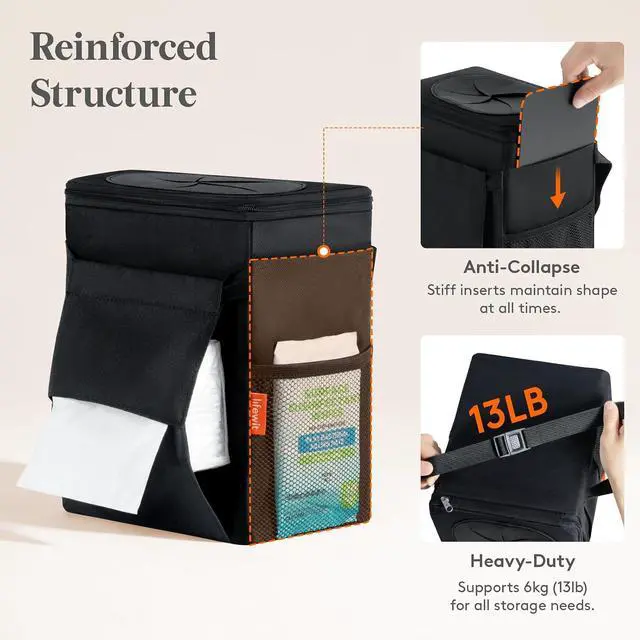 Alt view image 3 of 7 - Lifewit Car Trash Can with Lid, Garbage Bag Hanging, Trash Bin, 2 Gallon | Leakproof, Waterproof, Tissue Holder, Adjustable Straps, Magnetic Snaps, Automotive Interior Accessories, Black