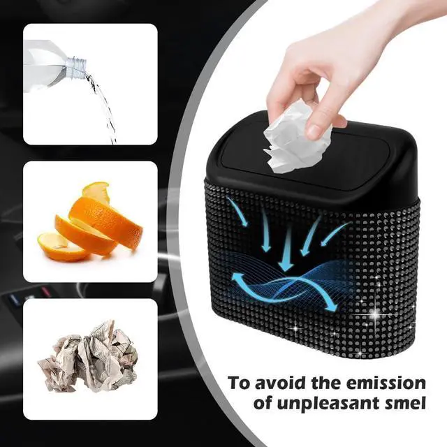 Alt view image 4 of 7 - Car Trash Can with Lid & Rhinestones Design,Push-on Car Trash Bin for Storing Trashes Items & Cars Decor Includes 30PCS Trashes Bag,Shiny Cars Garbage Can with Back Clip for Side Door (Black Diamond)