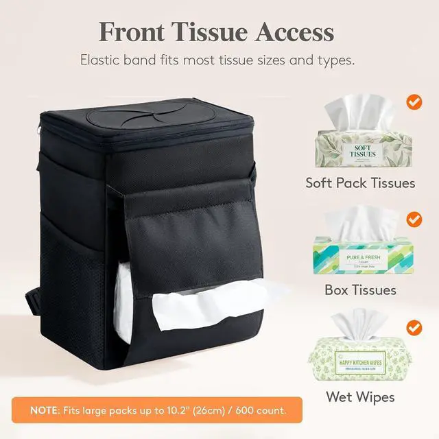 Alt view image 4 of 7 - Lifewit Car Trash Can with Lid, Garbage Bag Hanging, Trash Bin, 2 Gallon | Leakproof, Waterproof, Tissue Holder, Adjustable Straps, Magnetic Snaps, Automotive Interior Accessories, Black