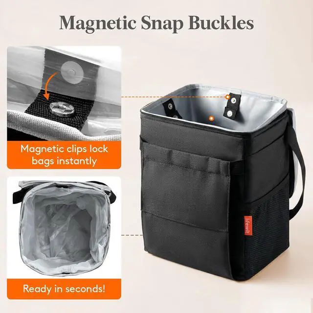 Alt view image 5 of 7 - Lifewit Car Trash Can with Lid, Garbage Bag Hanging, Trash Bin, 2 Gallon | Leakproof, Waterproof, Tissue Holder, Adjustable Straps, Magnetic Snaps, Automotive Interior Accessories, Black