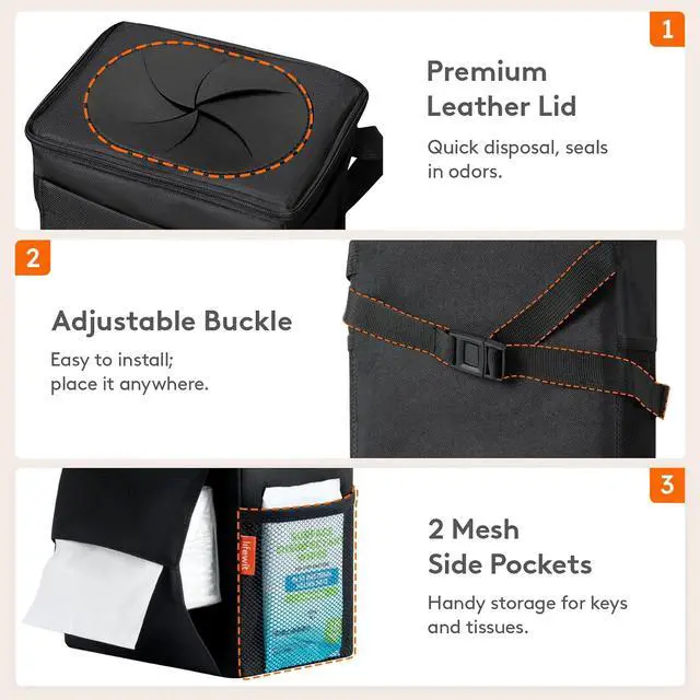 Alt view image 7 of 7 - Lifewit Car Trash Can with Lid, Garbage Bag Hanging, Trash Bin, 2 Gallon | Leakproof, Waterproof, Tissue Holder, Adjustable Straps, Magnetic Snaps, Automotive Interior Accessories, Black