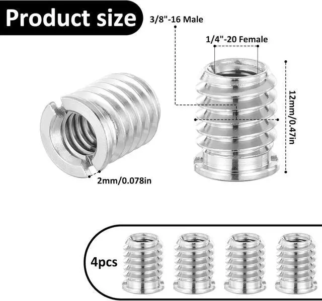 Alt view image 3 of 7 - 4 PCS 1/4 to 3/8 Adapter, 1/4 Female to 3/8 Male Adapter Tripod Thread Adapters 12 Mm Height Reducer Bushing Convert Screw Adapters for Camera Dslr Slr Monopod Tripod Ballhead Stand and Video Light