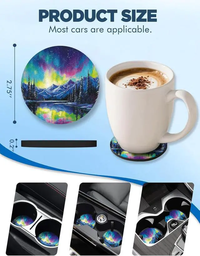 Alt view image 6 of 6 - WOCOCN Car Coasters for Cup Holders - 2 Pack 2.75" Universal Rubber, Aurora | Car Cup Coaster, Non-Slip Waterproof Car Interior Accessories, Cute Car Decor Gifts for Women and Men