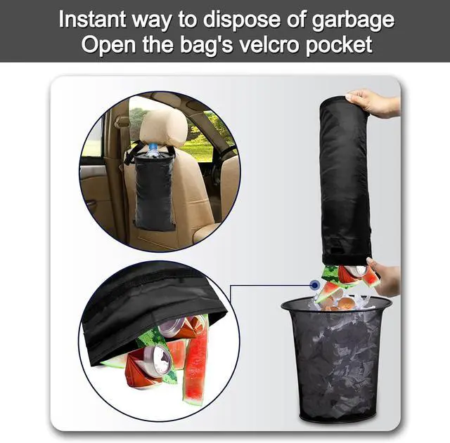 Alt view image 6 of 7 - 2Pcs Hanging Car Trash Bag Washable Reusable Car Garbage Can for Travel | Reusable hanging car trash bag on seatback; elastic lid traps odors, side pocket, washable eco design for car travel home