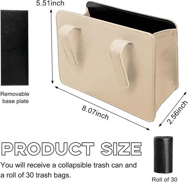 Alt view image 2 of 6 - Yourkar Car Trash Can, Foldable Waterproof Leather Car Garbage Organizer Holder, Automotive Mini Dustbin Container with One Roll Trash Bag, Universal Interior Car Accessories (Beige)