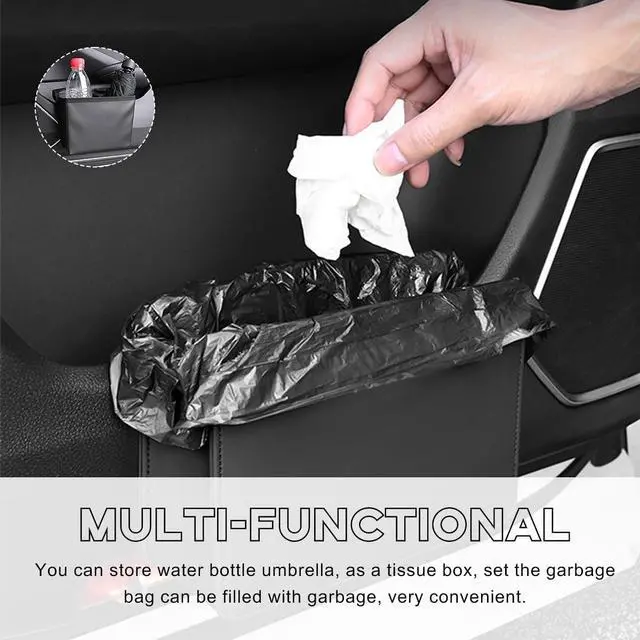 Alt view image 4 of 6 - Yourkar Car Trash Can, Foldable Waterproof Leather Car Garbage Organizer Holder, Automotive Mini Dustbin Container with One Roll Trash Bag, Universal Interior Car Accessories (Beige)