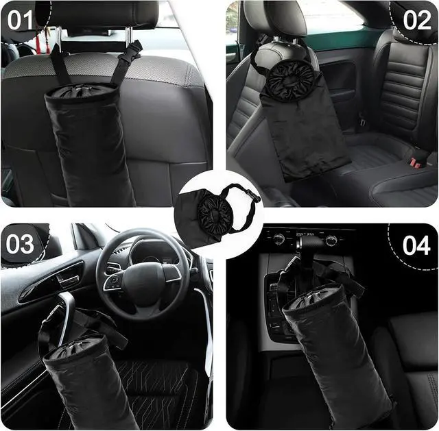 Alt view image 5 of 7 - 2Pcs Hanging Car Trash Bag Washable Reusable Car Garbage Can for Travel | Reusable hanging car trash bag on seatback; elastic lid traps odors, side pocket, washable eco design for car travel home